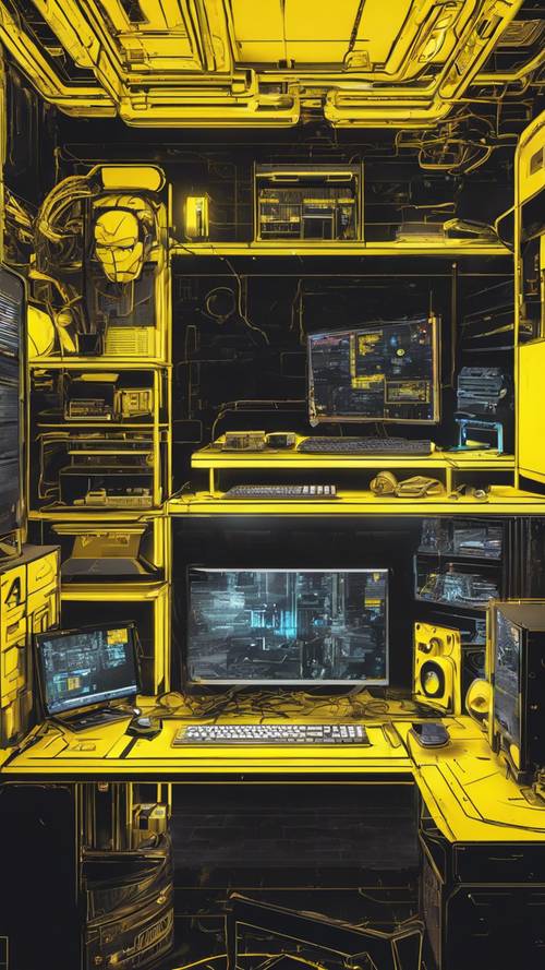 Uma sala de jogos com tema preto e amarelo, configuração de computador de alta tecnologia e iluminação ambiente.