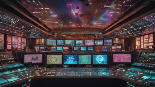 Pomieszczenie kontrolne w stylu Cyber ​​Y2K wypełnione kolorowymi ekranami i unoszącym się w powietrzu holograficznym globusem.