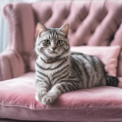 Um gato malhado prateado sentado numa luxuosa almofada de veludo rosa.