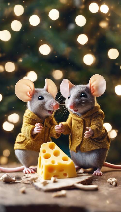 A joyful mouse family feasting on cheese near a sparkling New Year's tree.