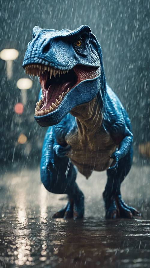 Uno scintillante T-Rex blu che ruggisce sotto la pioggia battente con fulmini che ne illuminano la forma.