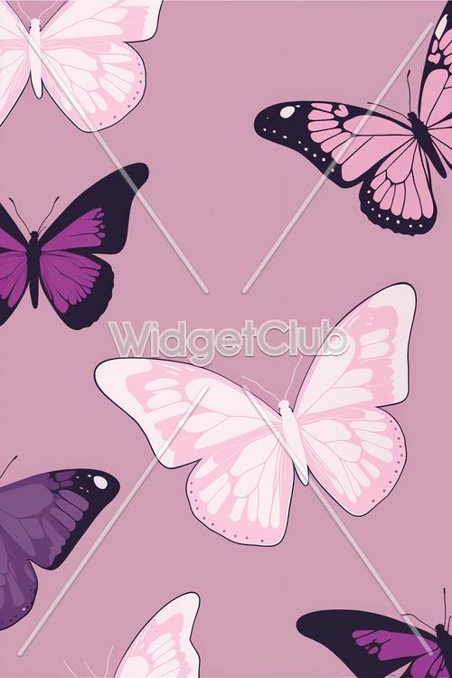 ピンクの背景にカラフルな蝶々　