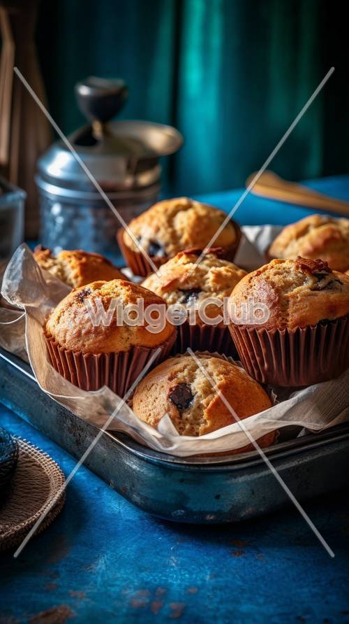 Delicious Blueberry Muffins on a Tray Tapeta [3e7307e5688546588ece]