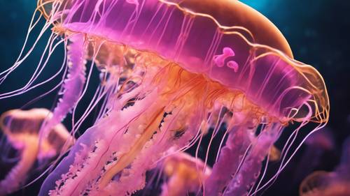 一种鲜艳的生物发光水母，在海洋深处散发着柔和的粉红色和金色。