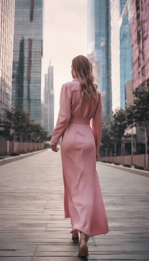 Una mujer elegante con un elegante vestido rosa caminando por una ciudad moderna con rascacielos en tonos neutros.