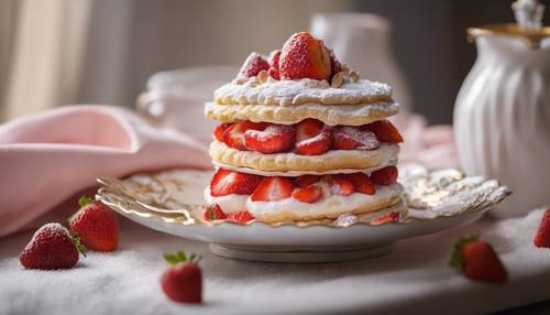 An elegantly crafted strawberry shortcake with golden layers and a dusting of powdered sugar.