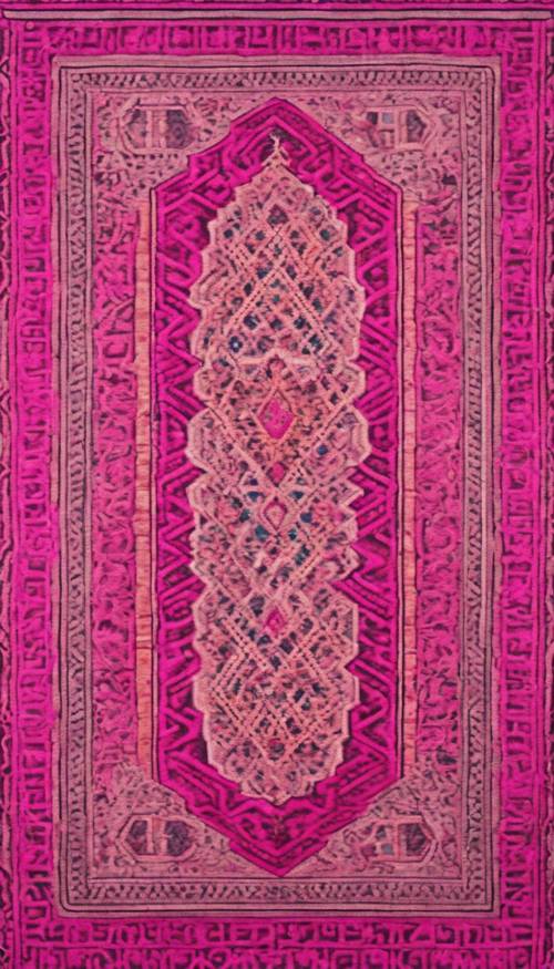 An intricately woven carpet with a hot pink Moroccan pattern.