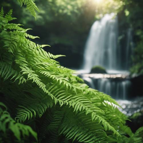 Light green fern leaves cascading over a waterfall. Tapeta [de5f4120c634491d8422]