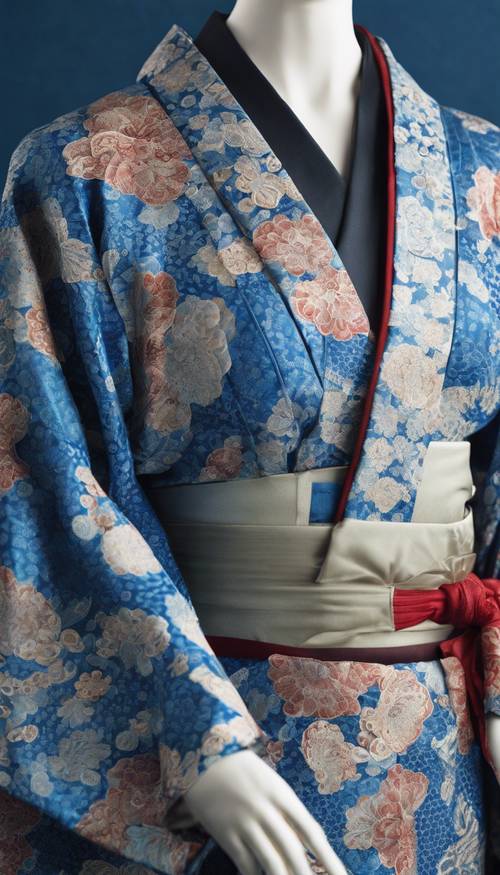 Um quimono japonês azul com padrões intrincados exibidos em um manequim.