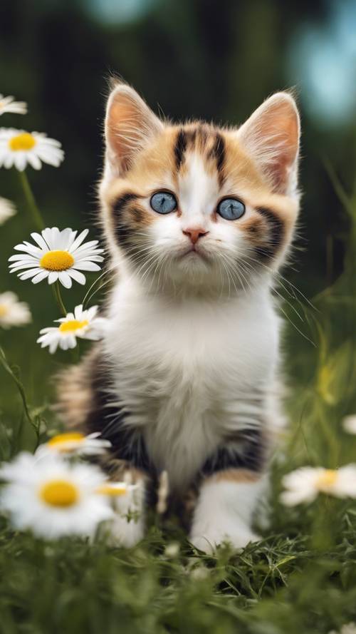 A chubby calico kitten staring curiously at a butterfly sitting on a daisy against a backdrop of lush green meadows.