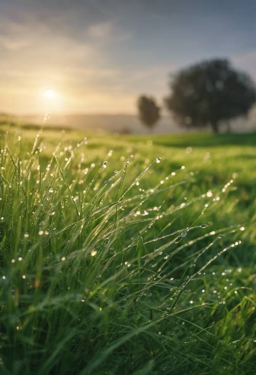Obciążona rosą trawa błyszcząca na zielonym wzgórzu wczesnym rankiem, zwieńczona majestatycznym wschodem słońca.