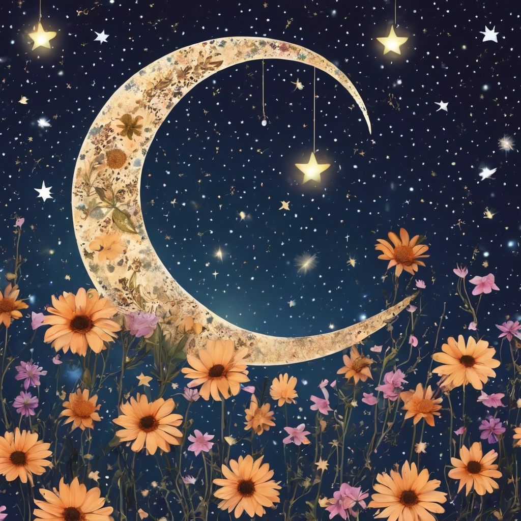 A beautiful crescent moon embedded in the starry night, glowing with Indie Flower pattern. Tapet[70f8a6cdcab84212b9a0]