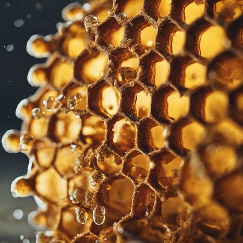 A close up shot of a honeycomb, dewdropped with golden honey. Tapeet [e327f825def0413c9a6f]