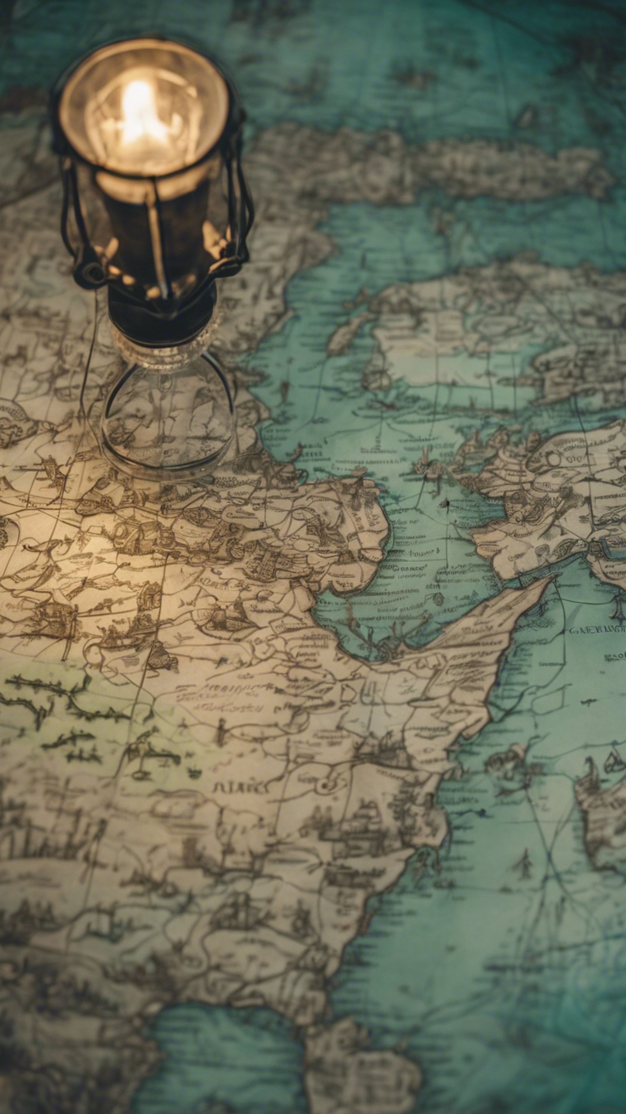 A close-up view of an ancient Gothic map bathed in the soft glow of a teal lamps. Wallpaper[627b88ed67974d3896ee]