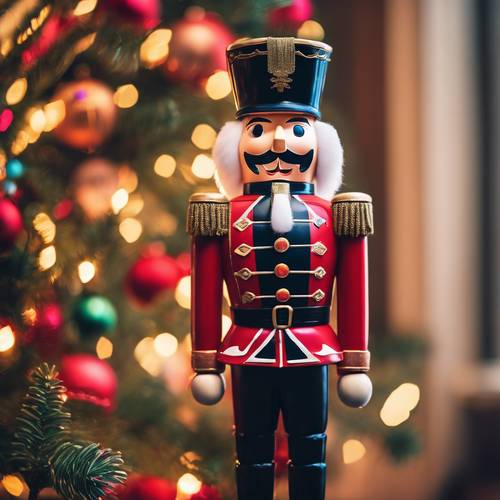 A vibrant nutcracker soldier standing guard next to a beautifully decorated, colorful Christmas tree.