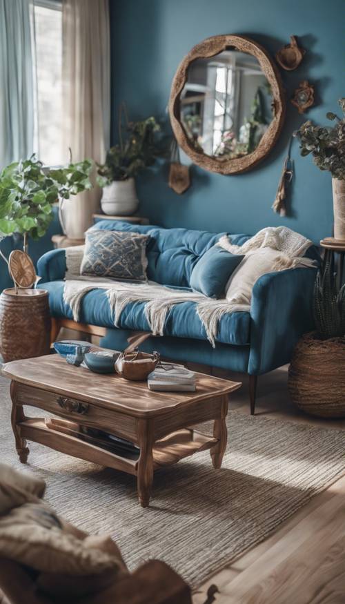 A serene blue boho styled living room with vintage furniture.