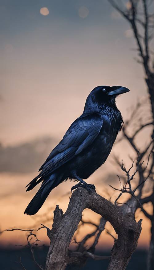 A solitary raven perched on an aged tree branch against a backdrop of a midnight blue sky.