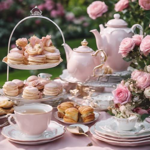 Una elegante mesa para una fiesta de té en un jardín inglés, con vajilla y pasteles de color rosa claro.