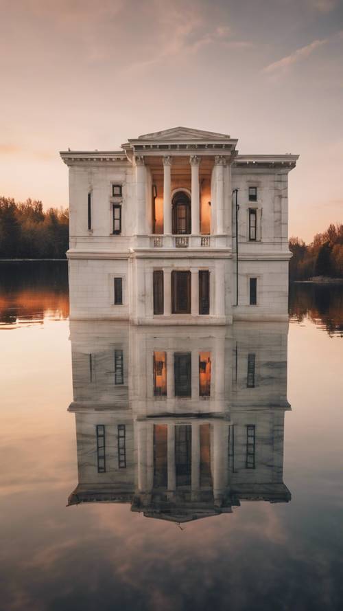 Здание из белого мрамора отражается в тихих водах озера на закате.