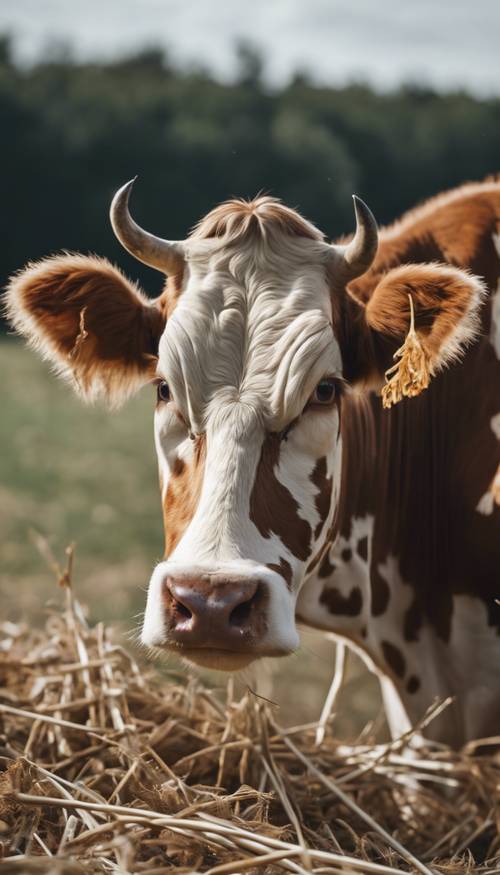 Uma vaca manchada de marrom mastigando feno.