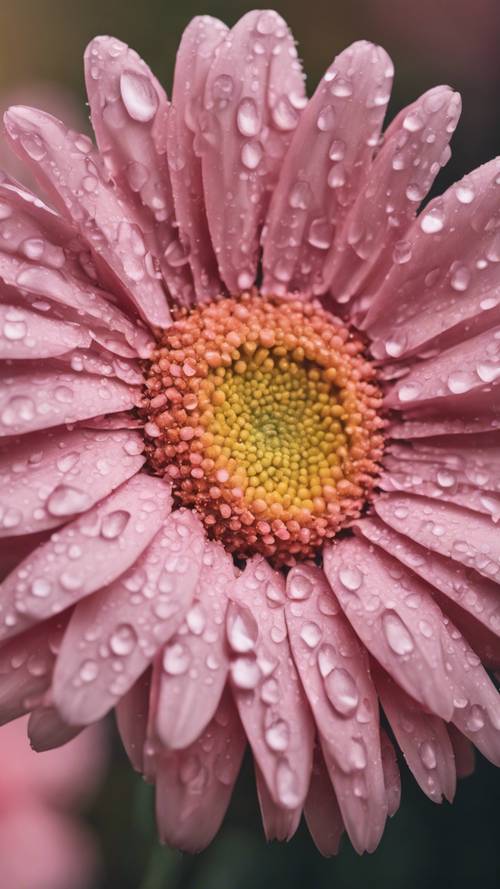 Một bông hoa cúc lớn màu hồng với những giọt sương rơi trên cánh hoa.