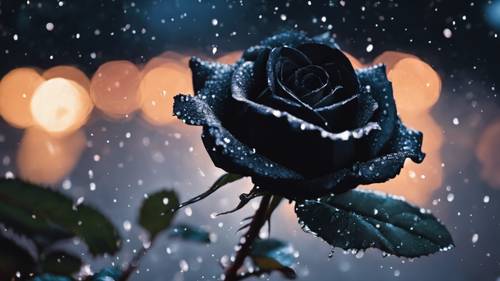 Una rosa negra en plena floración, con sus pétalos resbaladizos por el rocío, contrastando con una noche iluminada por la luna.