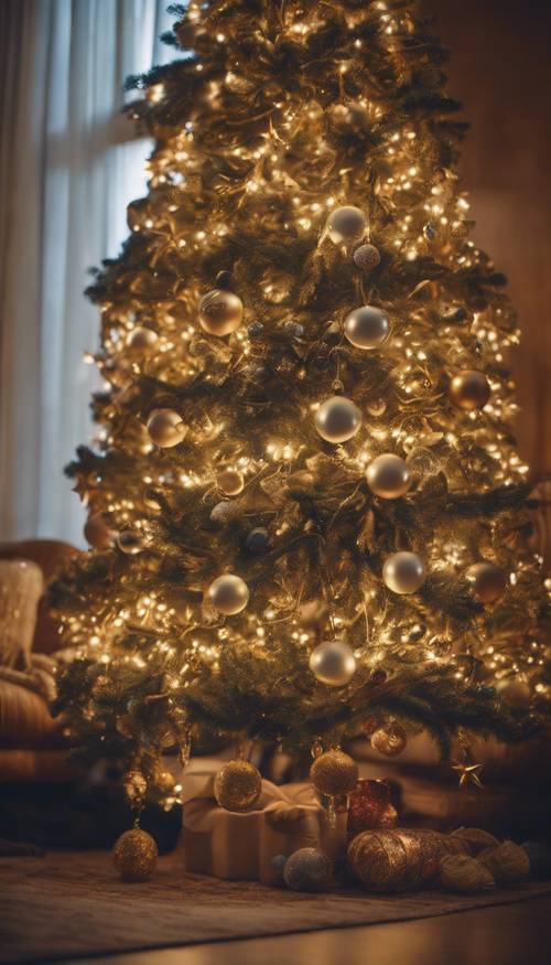 暖炉のあるリビングルームに飾られた手作りのオーナメントやキラキラした真珠の飾りをつけたクリスマスツリー