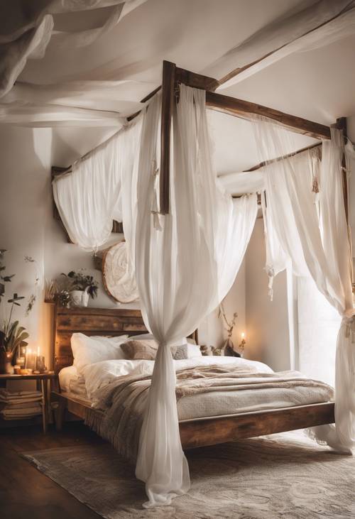 Quarto boho tranquilo com cama de dossel, cortinas brancas esvoaçantes e iluminação suave