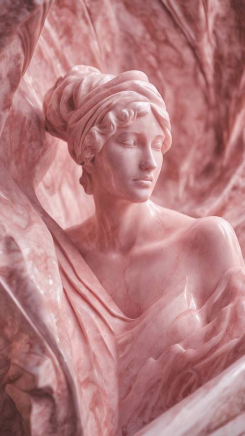 A modern sculpture, elegant and abstract, carved from a single piece of shining pink marble.
