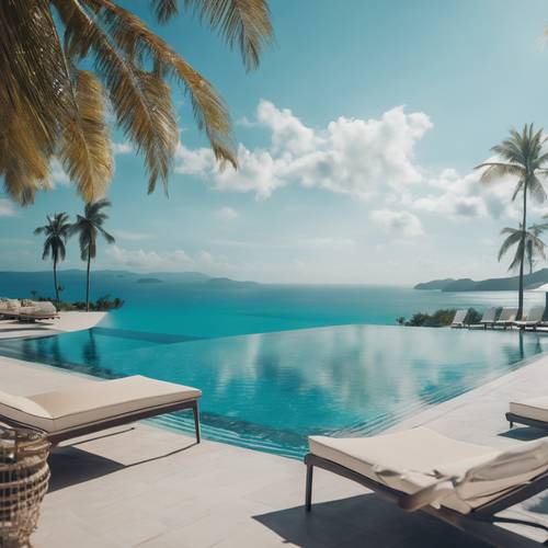 Ein modernes tropisches Resort mit Infinity-Pool, der unter dem klaren blauen Himmel mit dem türkisfarbenen Meer verschmilzt.