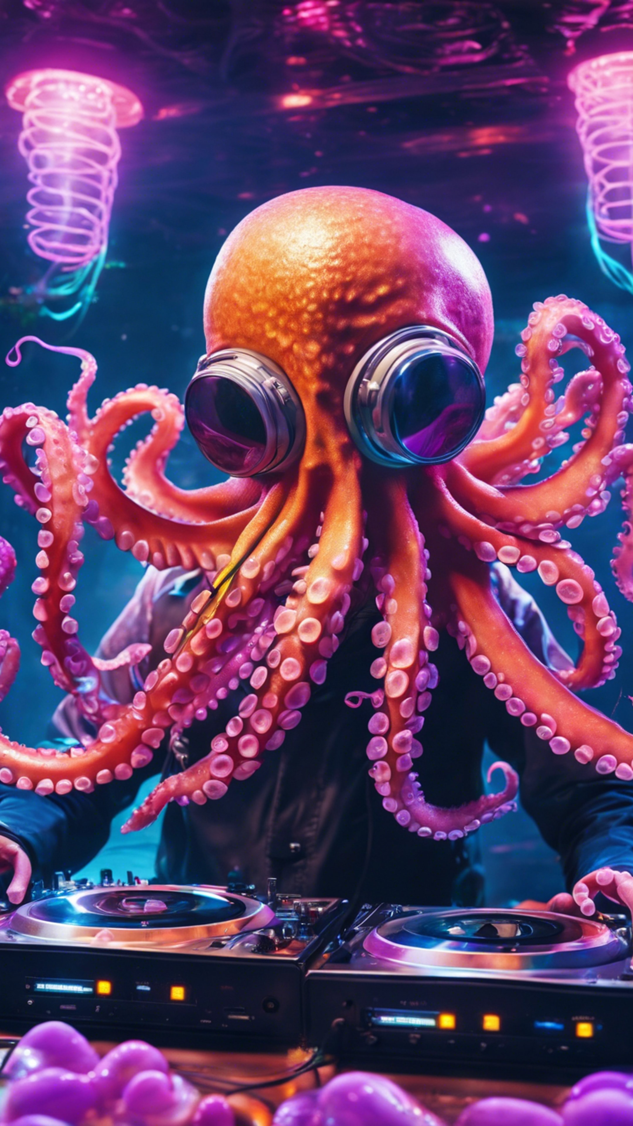 An octopus DJ controlling the music at an underwater rave amidst neon jellyfish. Divar kağızı[8d0f478d59094f5192d2]