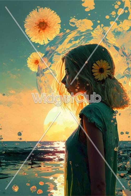 Sunset and Flowers Girl Illustration
