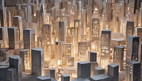 A stunning 3D paper cityscape at nighttime with illuminated windows.