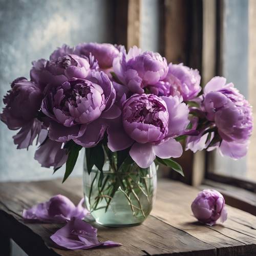 Buket bunga peoni ungu dalam vas kaca di atas meja kayu pedesaan.