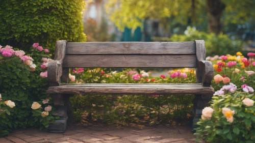 公园僻静角落里有一张古老的质朴木凳，周围盛开着鲜艳的鲜花。