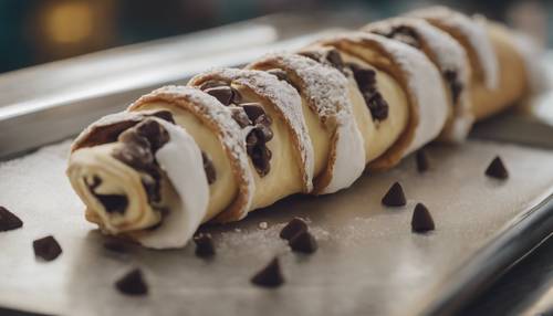 Um cannoli com recheio de ricota e gotas de chocolate termina em um balcão de confeitaria italiana vintage.