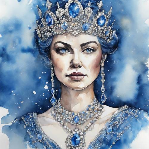 藍色水彩畫描繪了一位戴著閃閃發光的珠寶的皇家女王。