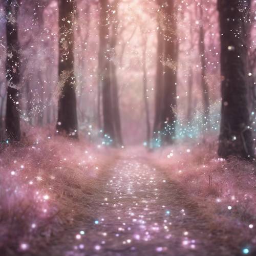 A spellbound forest path lined with twinkling pastel crystals