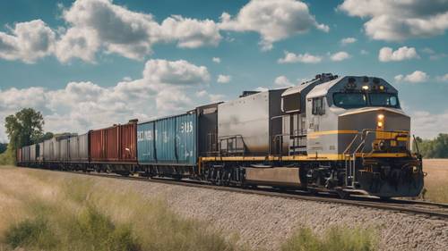 A gray freight train chugs along the tracks through a rural landscape, under a bright blue sky.