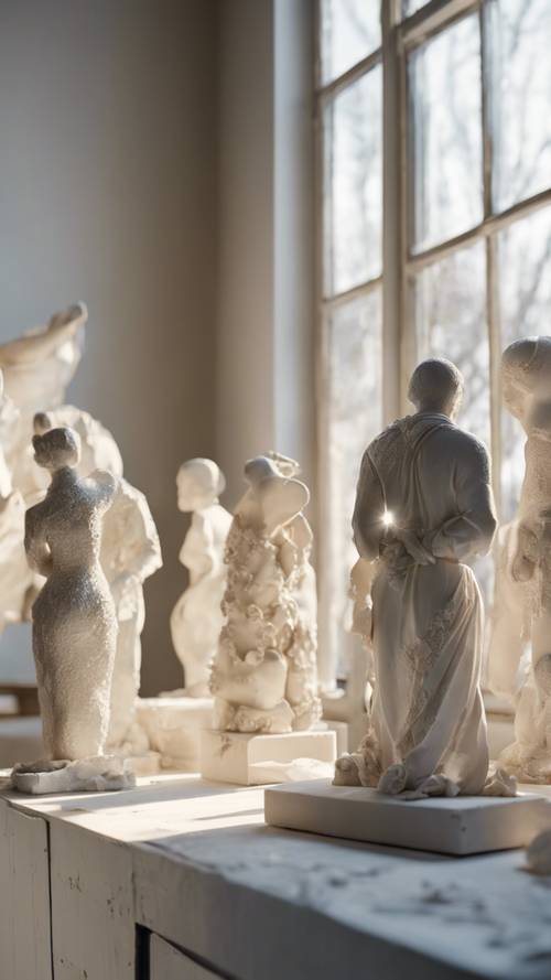 Um grupo de esculturas em gesso no ateliê de um artista, com a luz da manhã iluminando pela janela.