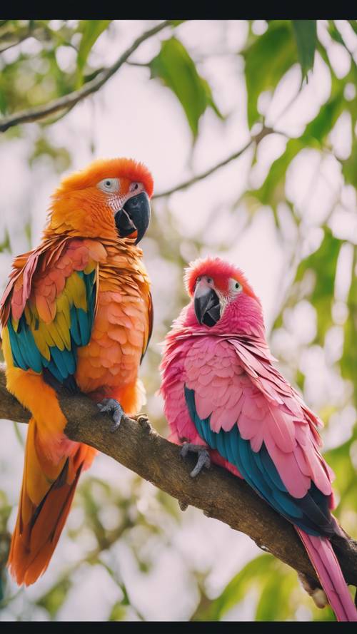 A pair of pink and orange parrots nestled together on a tree branch.