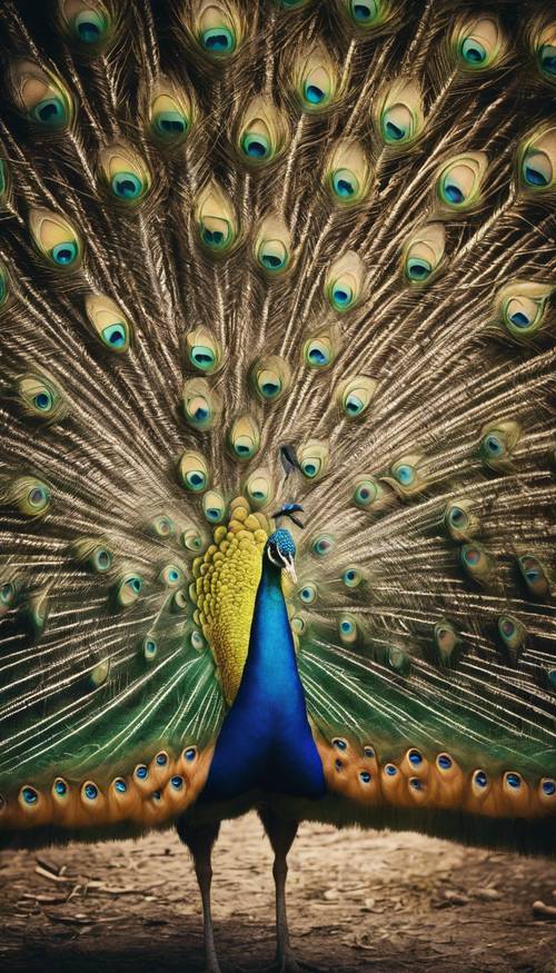 这是一幅超现实主义的构图，孔雀展示着它华丽的尾羽，完全由花卉纹理构成。