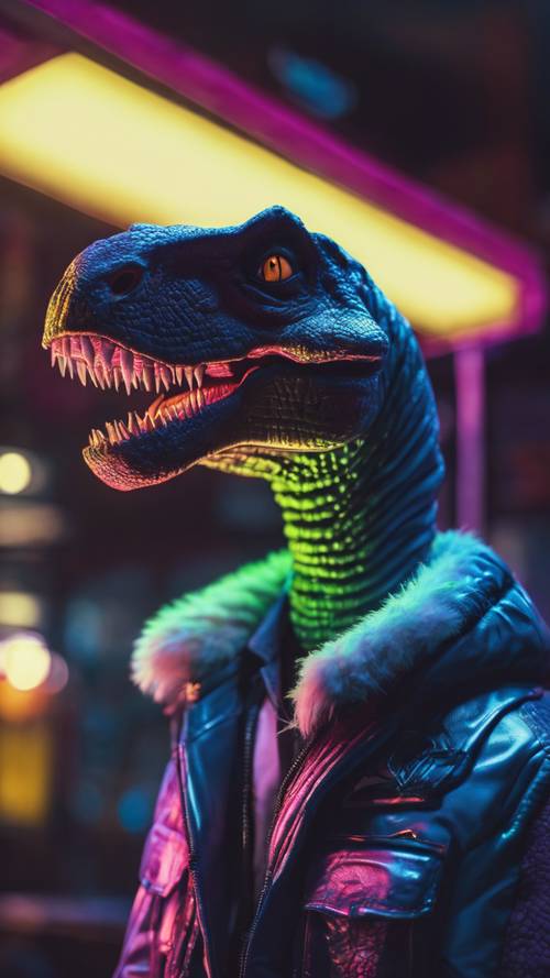 Retrato iluminado por neon de um dinossauro descolado usando uma jaqueta, no estilo retrô dos anos 80.