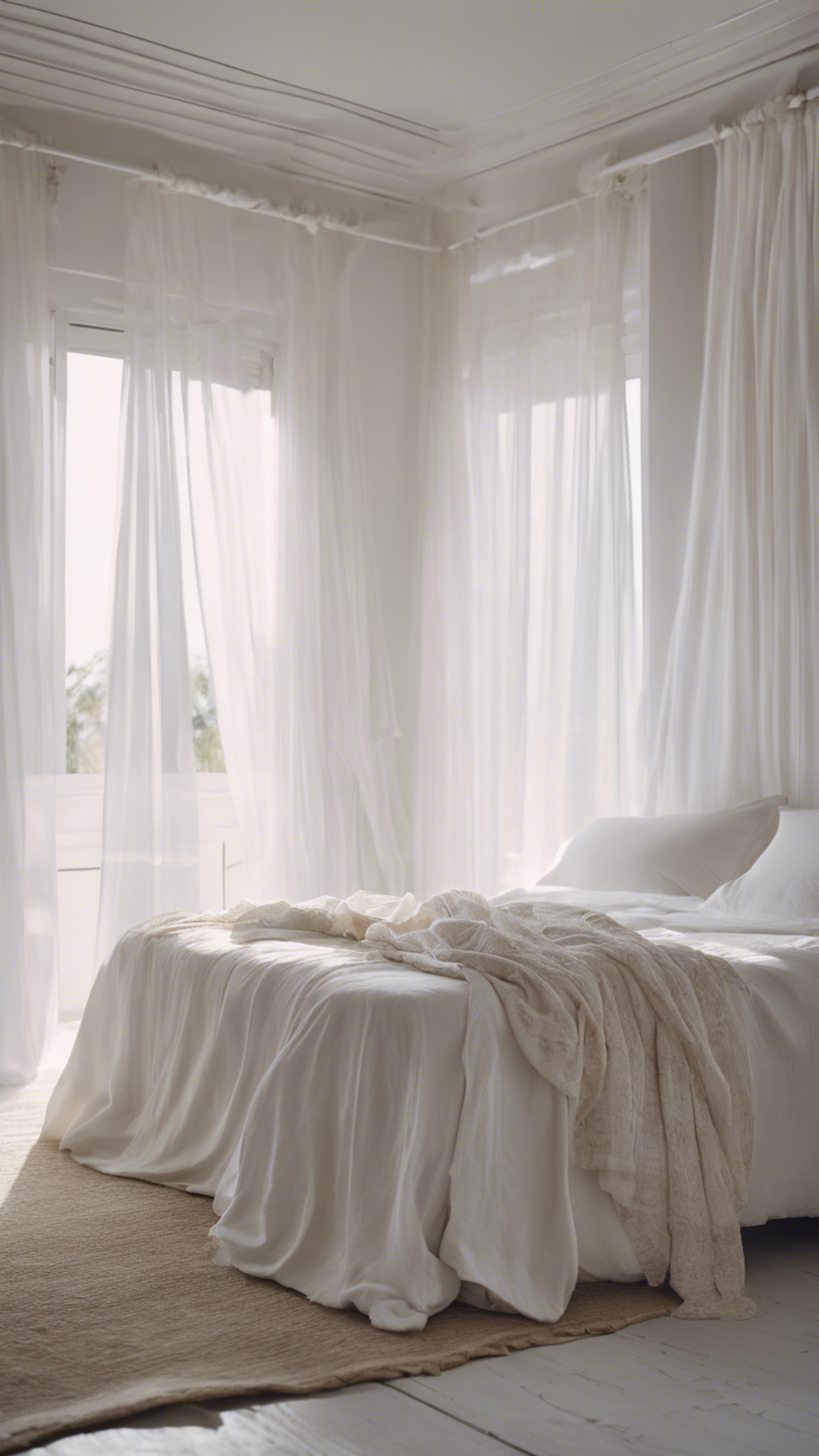 A dreamy white bedroom with sheer curtains blowing in the wind, white bed linens and an array of daylight from the window. Тапет[01f8a65ac1ab4b5d8d2d]