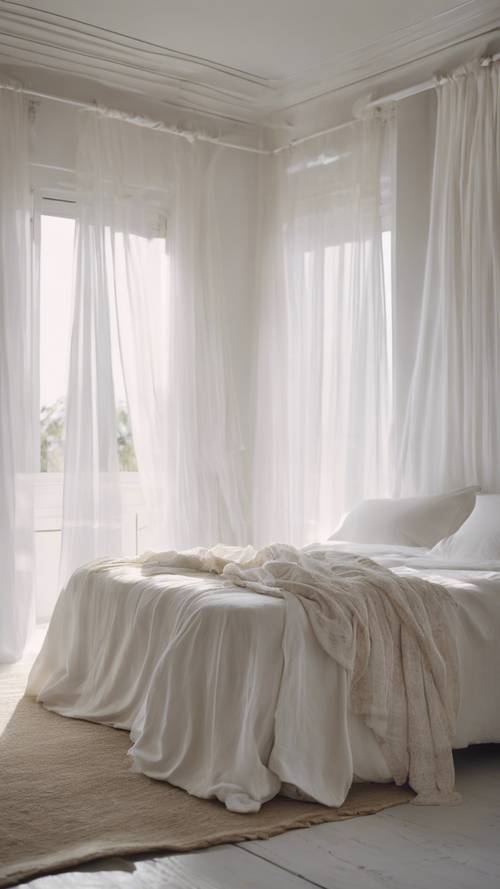 Một phòng ngủ màu trắng thơ mộng với những tấm rèm mỏng tung bay trong gió, khăn trải giường màu trắng và một loạt ánh sáng ban ngày từ cửa sổ.