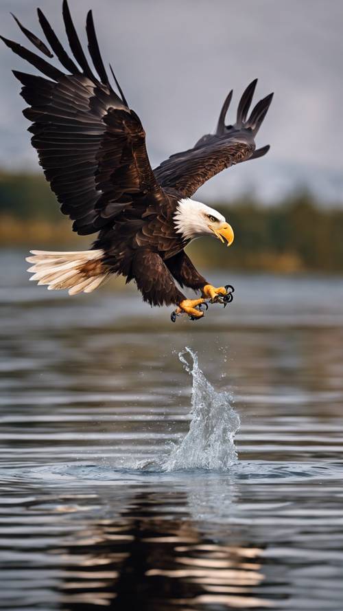 Uma águia careca intensa e focada descendo para pegar um peixe em um lago cristalino.