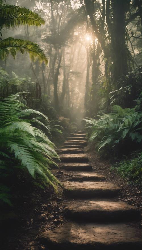 Туманный тропический лес на рассвете, светящиеся папоротники, высокие деревья и мощеная тропа, ведущая в неизведанное.