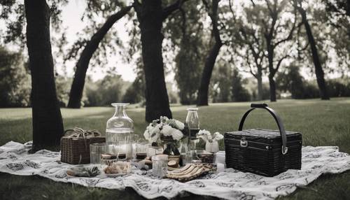 Allestimento per picnic boho in bianco e nero in un parco verde lussureggiante.