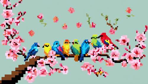 Seni piksel kartun dari sekelompok burung berwarna-warni yang berceloteh bertengger di cabang bunga sakura musim semi.