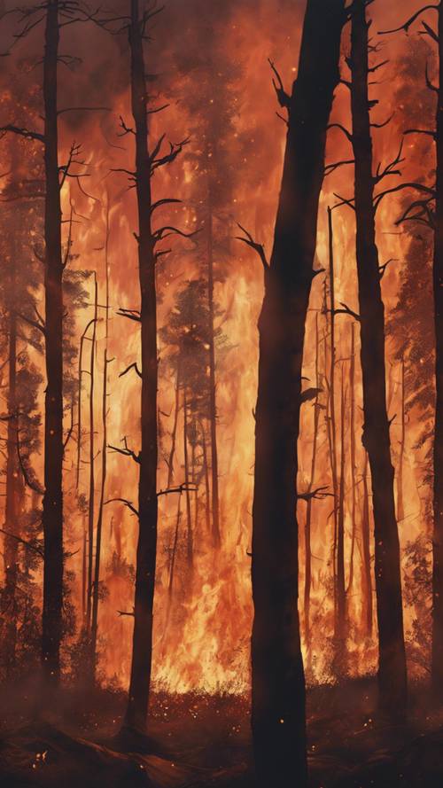 這是一幅富有啟發性的森林火災畫作，捕捉了其破壞性和再生性。
